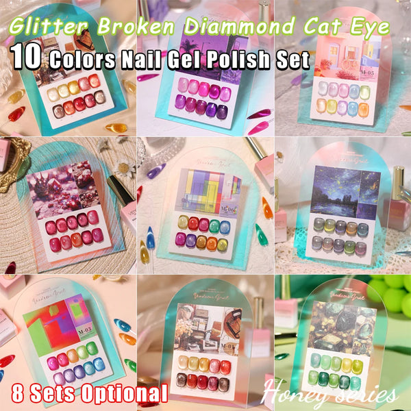 10 Colors/Set Glitter Broken Diamond Cat Eye Gel Nail Polish